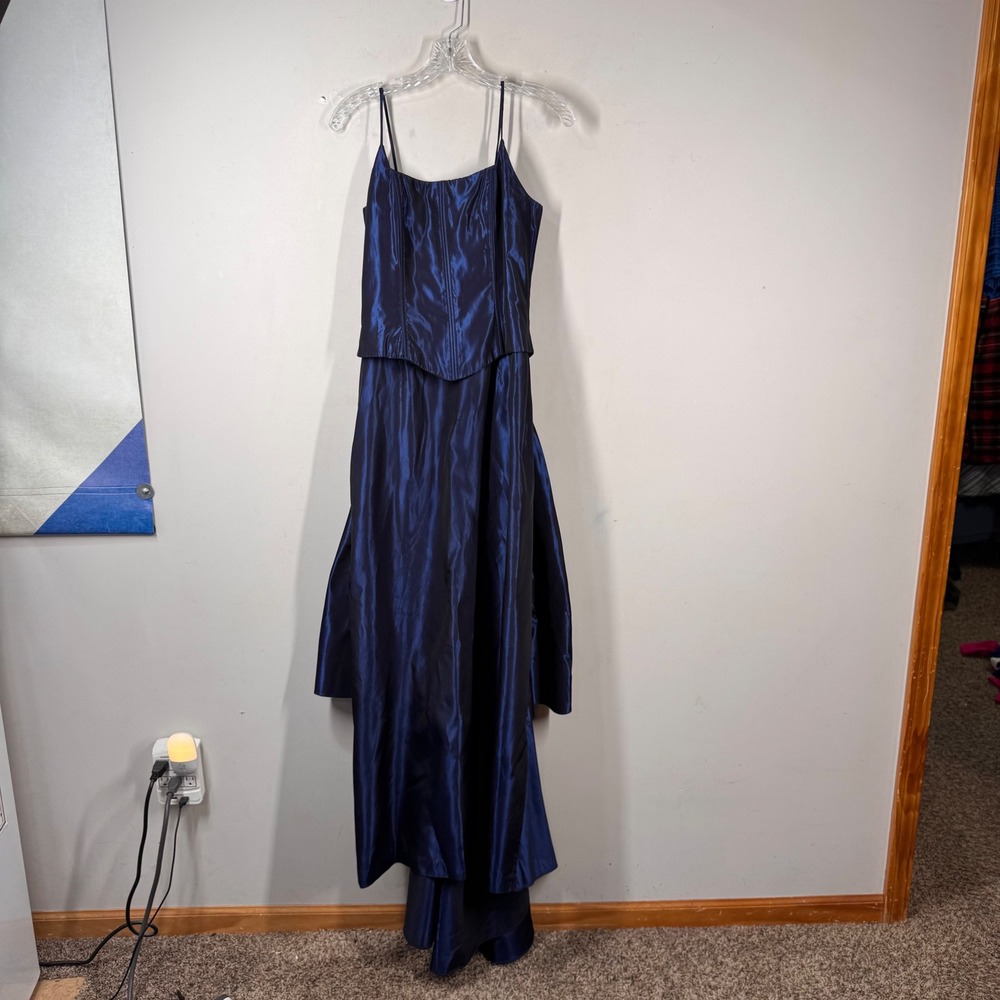 Vintage Jessica McClintock Navy Blue Corset Gown Bustle Rosette Formal Dress 7
